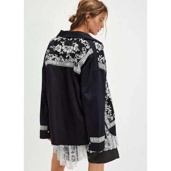Free People Lace Embroidered Denim Buttondown Shirt - Picture 3 of 12